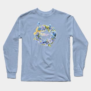 Love Text with Blue Flowers Wreath Long Sleeve T-Shirt